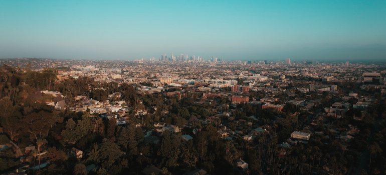 an aerial view of the city of Los Angeles from a distance